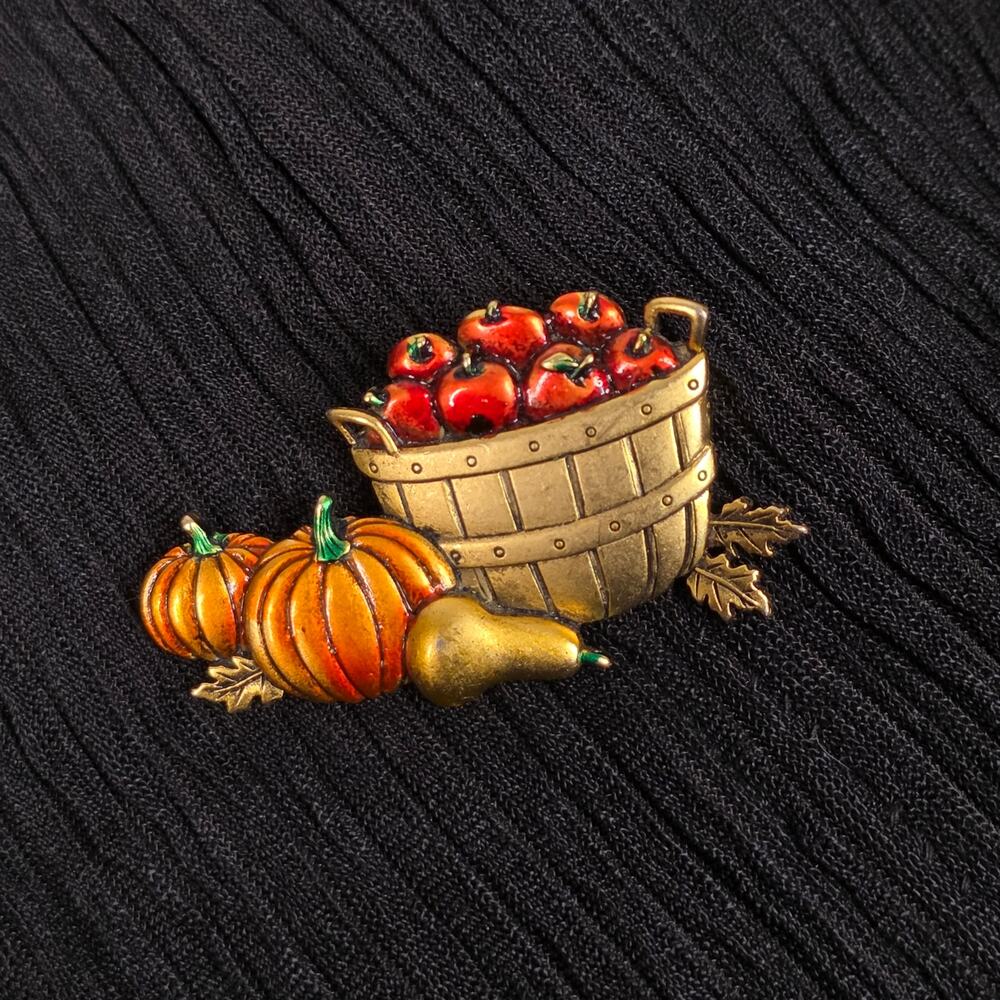 Vintage Autumn Harvest Brooch Apple Basket Pumpkin Enamel Fall Pin JJ House